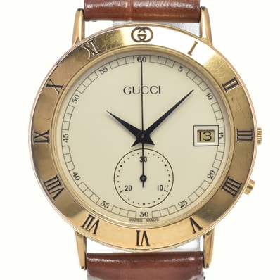 グッチ GUCCI 3800M GP/レザー アイボリー クォーツ レディース 良品 腕時計 I#147696