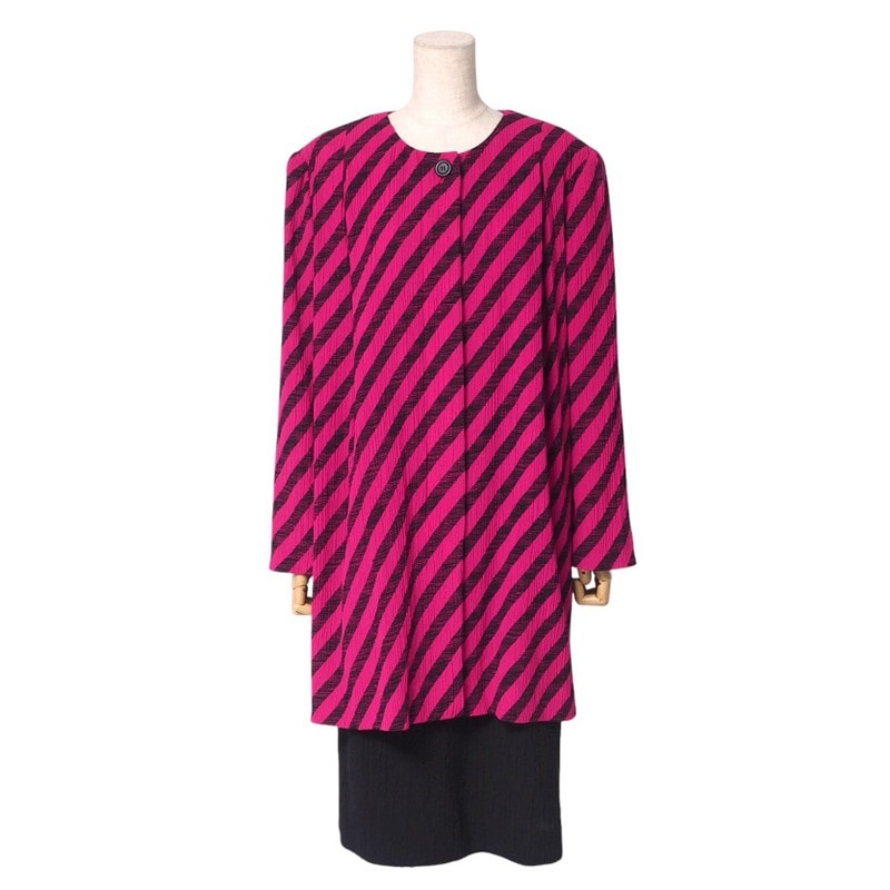 ■美品■Christian Dior クリスチャンディオール ヴィンテージ スカートスーツ サイズ13 ストライプ柄 ノーカラージャケット タイトスカート ウール シワ加工 ブランド古着【中古】20241129/RA2197