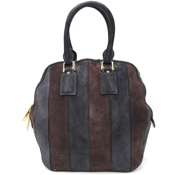 BURBERRY PRORSUM(バーバリー プローサム)オーチャードバッグ ハンドバッグ ボストンバッグ スエード ネイビー ブラウン ゴールド金具 レディース MADE IN ITALY 【中古】