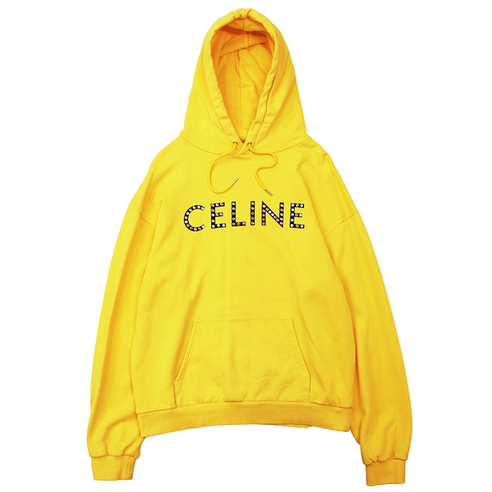 CELINE セリーヌ スウェット サイズ L メンズ ロゴ スタッズ フーデッド 長袖 コットン100% トップス イエロー 黄 イタリア製