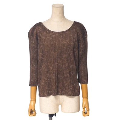 ■美品■PLEATS PLEASE ISSEY MIYAKE プリーツプリーズ イッセイミヤケ カットソー サイズ3 プリーツ 総柄 ラウンドネック 七分袖 ブランド古着【中古】20250428/RA4472