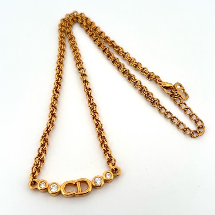 クリスチャンディオール Christian Dior ネックレス ロゴ CD ラインストーン GP ゴールド メッキ【鑑定済み】正規品