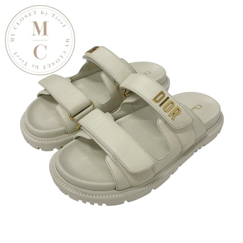 クリスチャンディオール CHRISTIAN DIOR DIORACT サンダル 靴 シューズ レザー アイボリー ゴールド ロゴ ベルクロストラップ