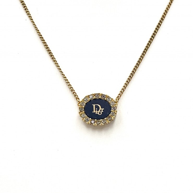 Christian Dior(クリスチャンディオール)ヴィンテージ ネックレス CDロゴ ラインストーン ネイビー ゴールド 全長45cm レディース【中古】