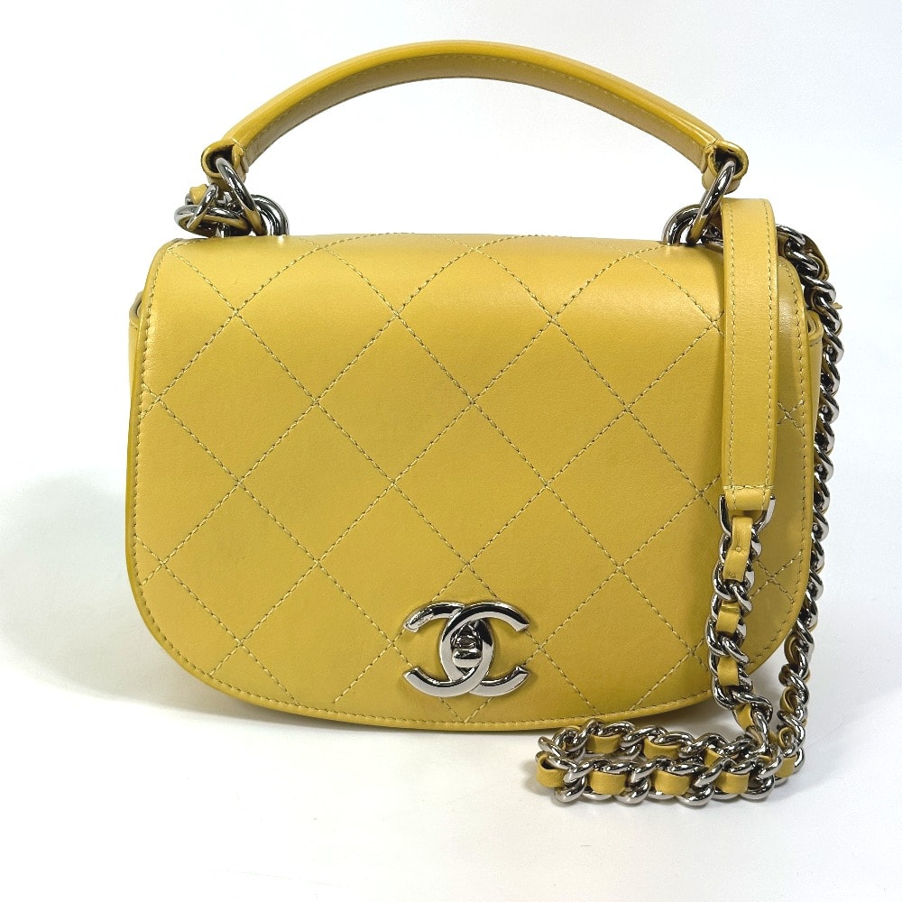 シャネル CHANEL ステッチ マトラッセ CC ココマーク チェーン 2WAY ハンドバッグ 斜め掛け ショルダーバッグ カーフスキン イエロー系