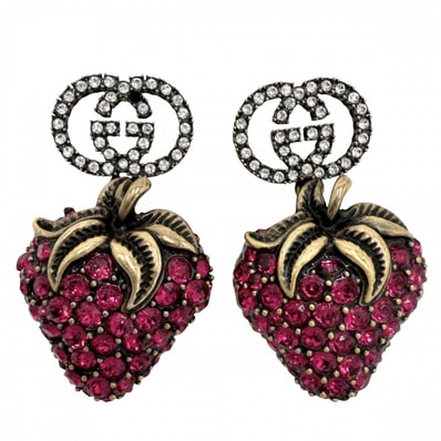 GUCCI グッチ ピアス ストロベリーモチーフ インターロッキングG アクセサリー 苺 ラインストーン ピンク ゴールド レディース 約13.3g【中古品】
