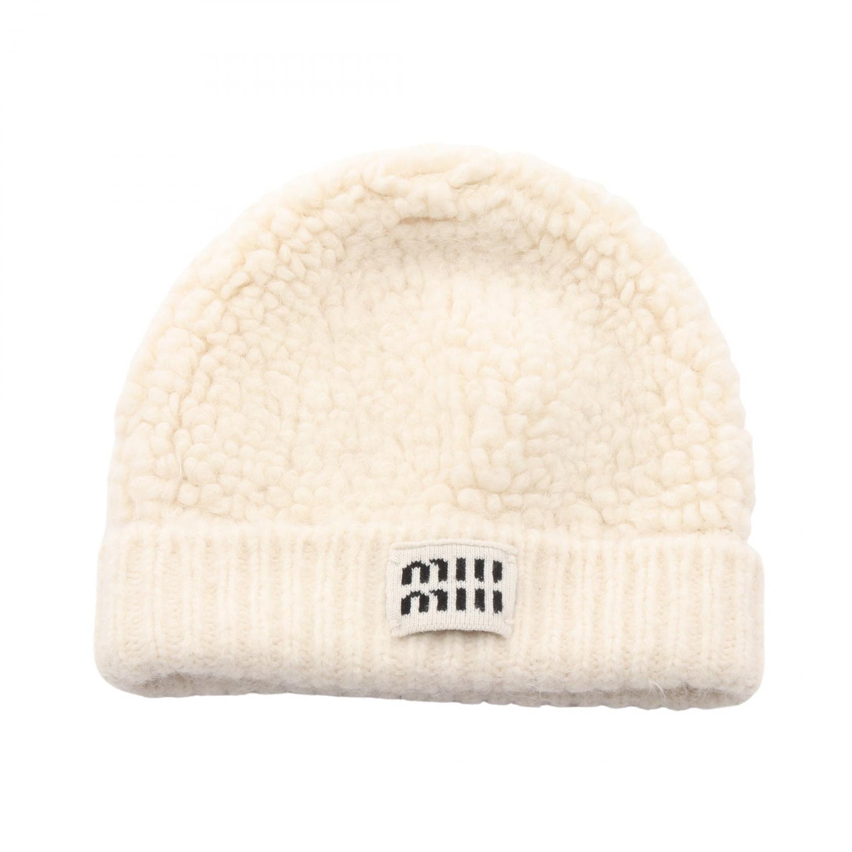 ミュウ ミュウ Miu Miu ロゴ ニット帽 ニットキャップ 帽子 ウール レディース ホワイト系 5HC327 【中古】