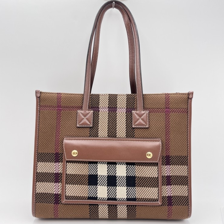 BURBERRY(バーバリー)チェック トートバッグ ハンドバッグ ブラウン系 キャンバス レザー ゴールド金具 レディース【中古】