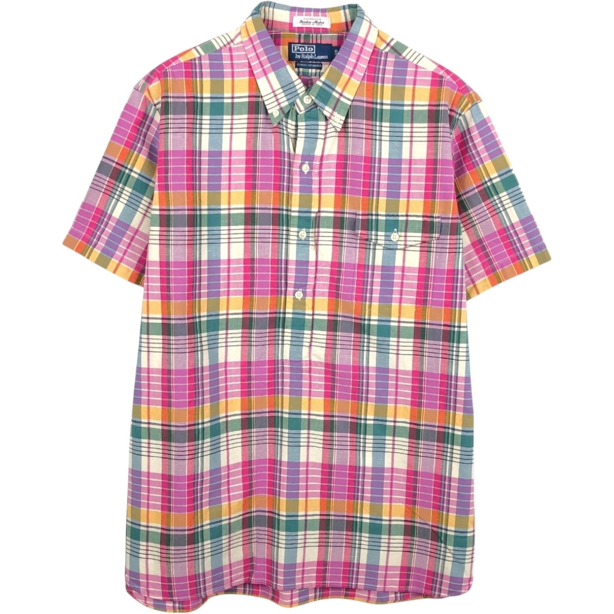 古着 ラルフローレン Ralph Lauren POLO by Ralph Lauren CLASSIC FIT INDIGO マドラスチェック プルオーバー 半袖 ボタンダウン チェックシャツ メンズXL相当/eaa668588