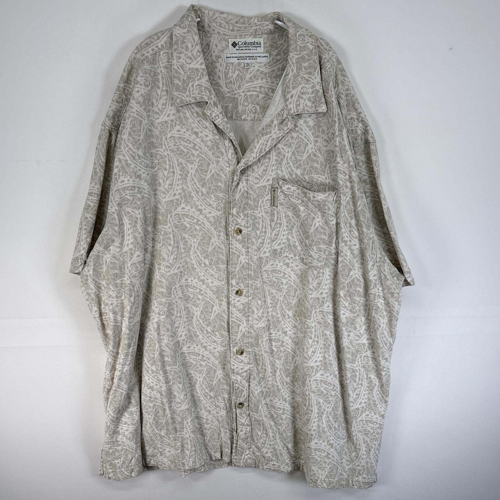 古着 コロンビア Columbia 半袖シャツ 大きいサイズ 肉厚 レーヨン フラックス ワンポイント ロゴ 3XL  グレー系 総柄 メンズ