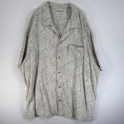 古着 コロンビア Columbia 半袖シャツ 大きいサイズ 肉厚 レーヨン フラックス ワンポイント ロゴ 3XL グレー系 総柄 メンズ