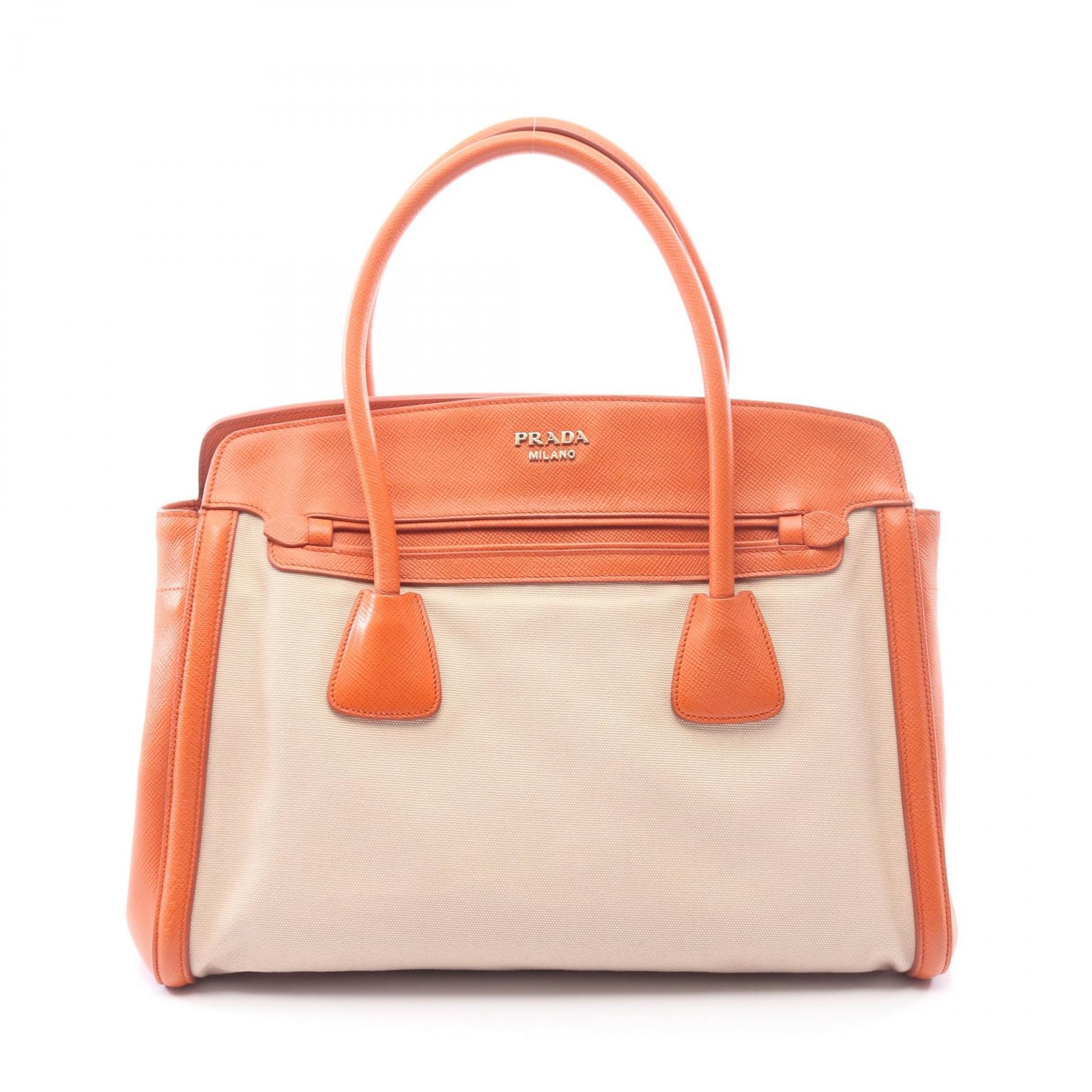 プラダ PRADA トートバッグ バッグ キャンバス サフィアーノレザー レディース ベージュ系 / オレンジ系 【中古】