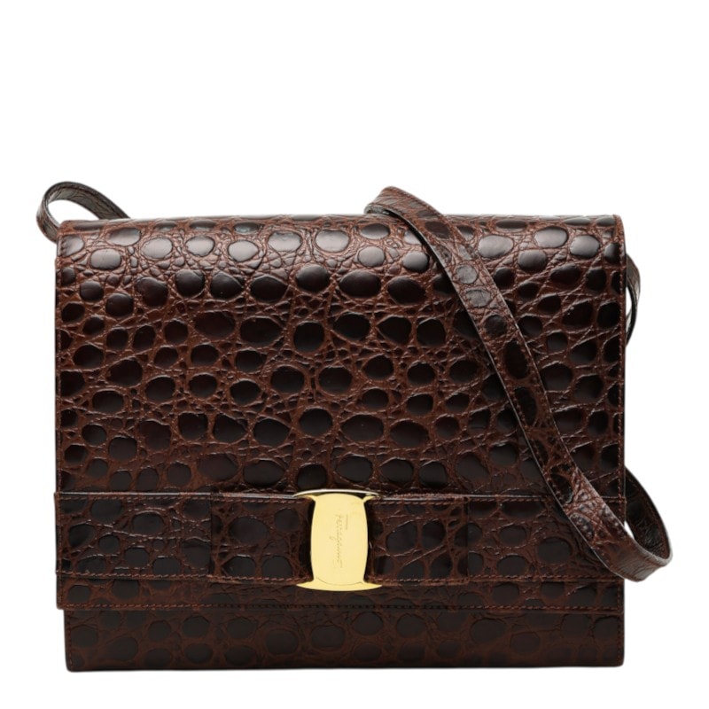 サルヴァトーレフェラガモ ヴァラリボン クロコダイル調 ショルダーバッグ Q213107 ブラウン レザー レディース Salvatore Ferragamo 中古