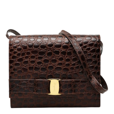 サルヴァトーレフェラガモ ヴァラリボン クロコダイル調 ショルダーバッグ Q213107 ブラウン レザー レディース Salvatore Ferragamo 中古