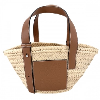 LOEWE ロエベ ハンドバッグ アナグラム バスケットバッグ スモール かごバッグ 肩掛け 327.02.S93 レザー パームリーフ ブラウン 茶 ベージュ シルバー金具 レディース 春 夏 美品【中古品】