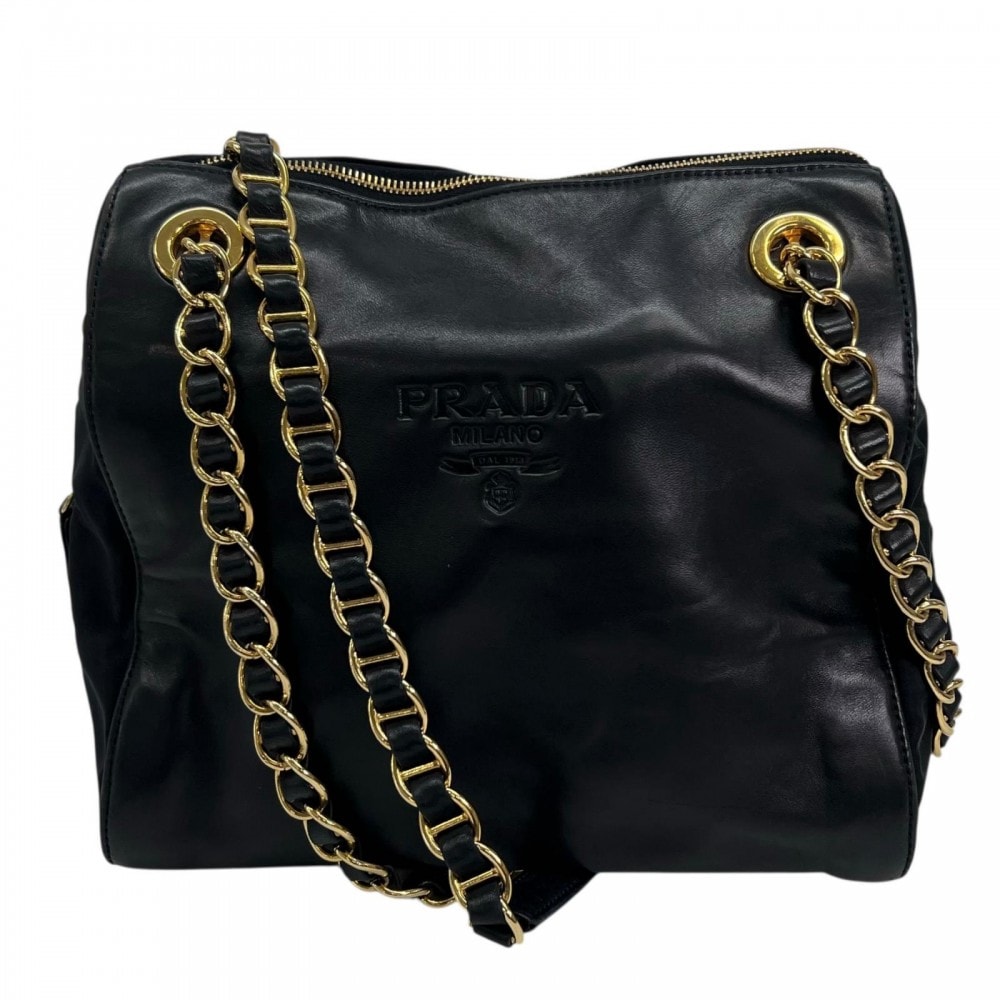 PRADA プラダ ショルダーバッグ  レザー  ナイロン  ダークネイビー ゴールド金具 レディース【中古品】