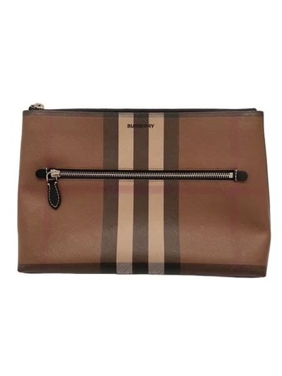 BURBERRY Logo Print Check E-canvas Zip Pouch "Dark Birch Brown"