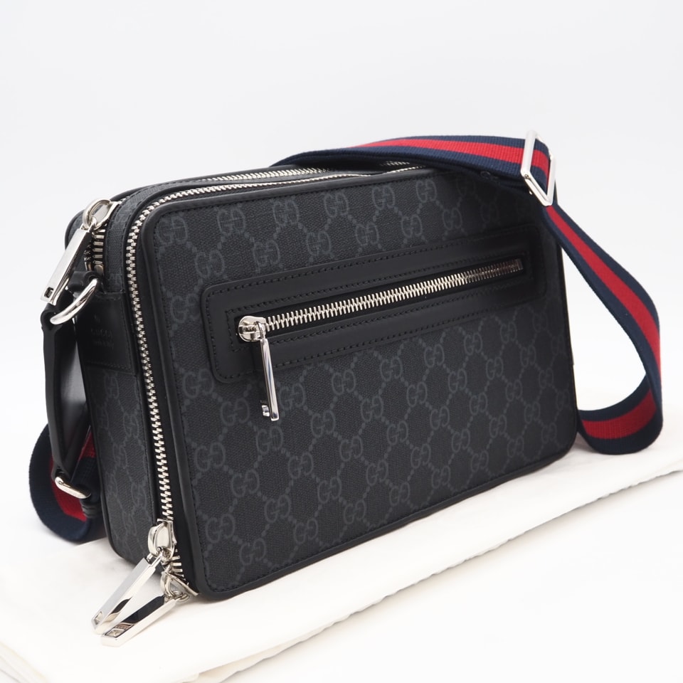 極美品 GUCCI グッチ GGスプリーム ミディアム クロスバッグ 822072 ショルダーバッグ グレー ネイビー レッド レザー コーティングキャンバス メンズ