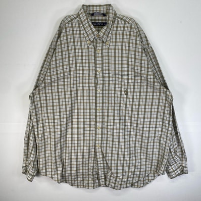 古着 90's/90年代 ノーティカ NAUTICA 長袖シャツ チェック 旧ロゴ 刺繍 大きいサイズ USA製 XL ベージュ系 マルチカラー メンズ