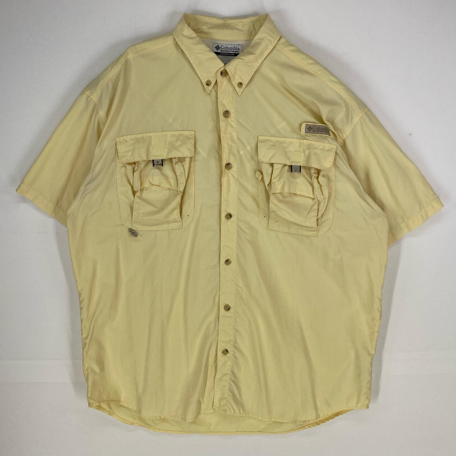古着 コロンビア Columbia 半袖シャツ PFG フィッシングシャツ ワンポイントロゴ アウトドア L イエロー系 メンズ