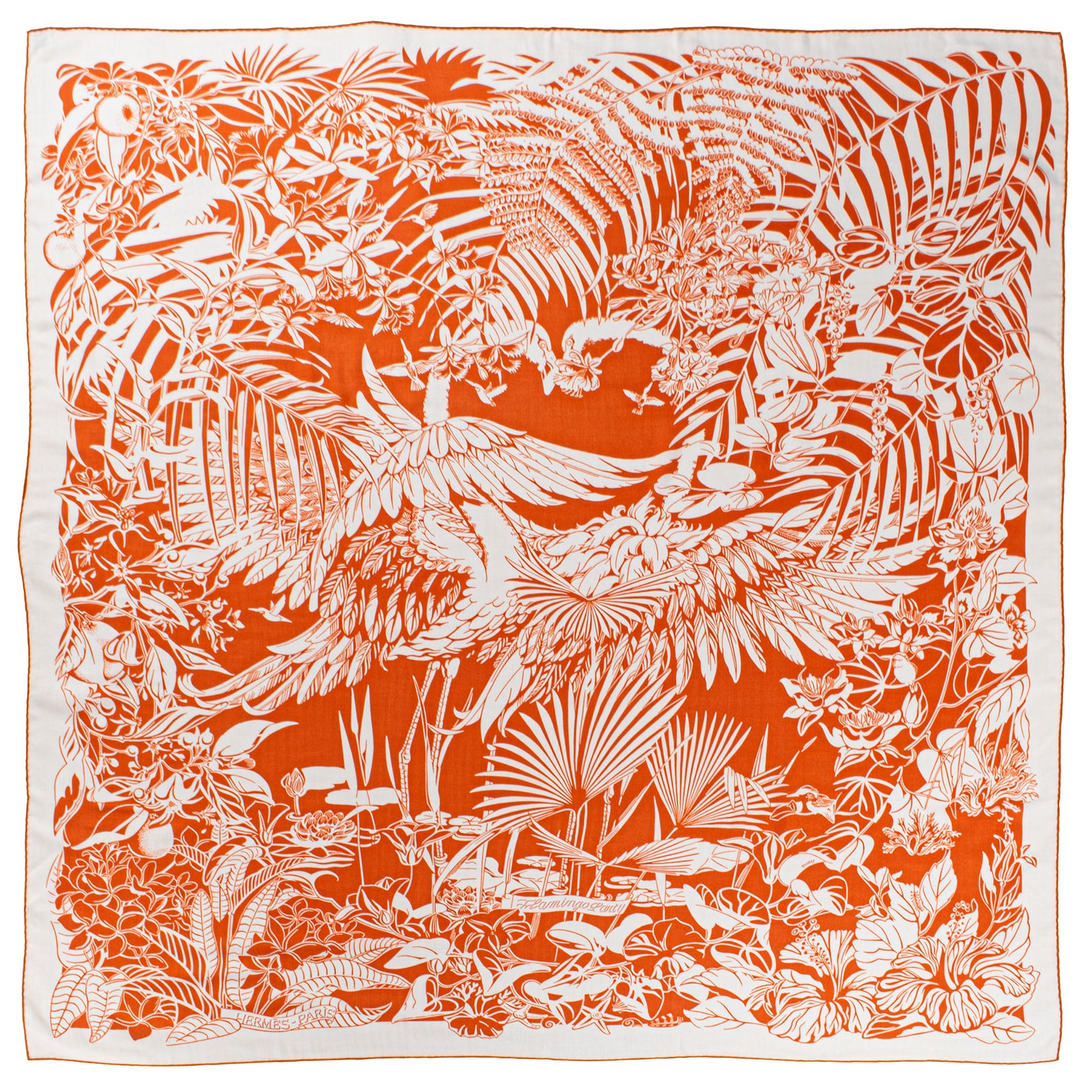 HERMES エルメス スカーフ カレ140 カレジェアン Flamingo Party フラミンゴ パーティー 242898S 16 ショール ストール カシシル  カシミヤ・シルク オレンジ ホワイト【中古】