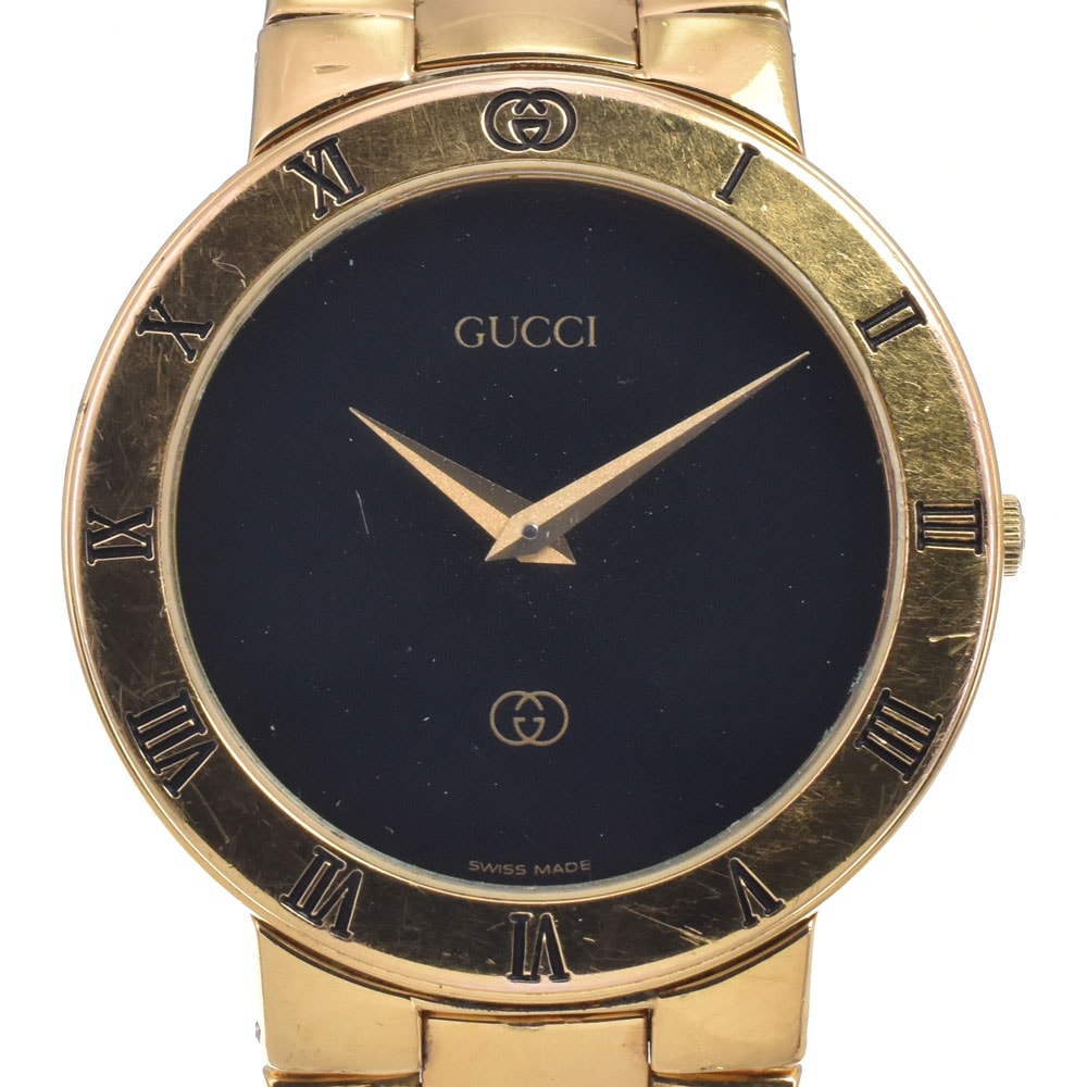 グッチ GUCCI 3300M GP ブラック クォーツ メンズ 良品 腕時計 P#149013