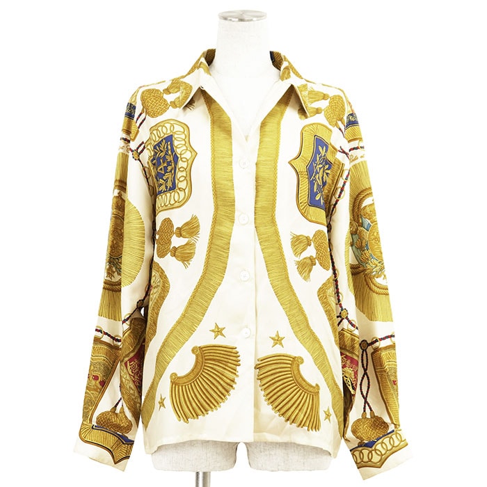 【SALE】HERMES エルメス ヴィンテージ 長袖シャツ シルク100% サイズ 40 レディース Poste et Cavalerie 郵便と騎兵隊 ロゴ ボタン ロングスリーブ トップス イエロー 黄 フランス製