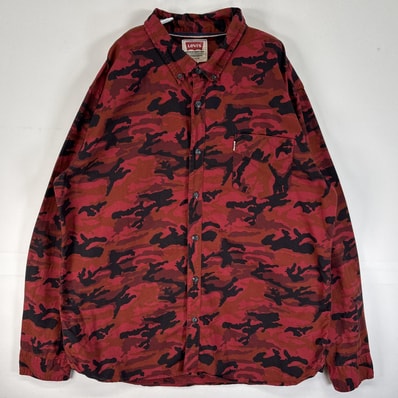 古着 リーバイス Levi's 長袖シャツ ワンポイント ロゴ 大きいサイズ 肉厚 ボタンダウン XXLARGE レッド系 カモフラージュ(迷彩) メンズ
