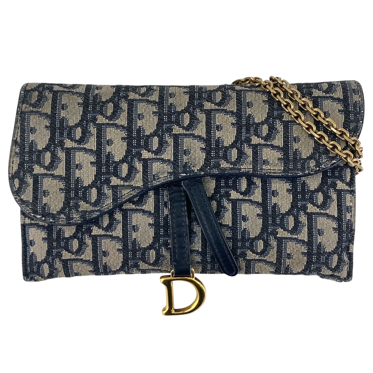 Christian Dior クリスチャンディオール サドル チェーンポーチ スモール オブリーク  チェーン ウォレット ショルダーバッグ S5614CTZQ キャンバス ネイビー  レディース【中古】