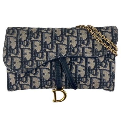 Christian Dior クリスチャンディオール サドル チェーンポーチ スモール オブリーク チェーン ウォレット ショルダーバッグ S5614CTZQ キャンバス ネイビー レディース【中古】