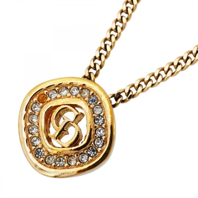 【6jdb0440-k】クリスチャンディオール ネックレス CDロゴ 菱形 GPメッキ ラインストーン ゴールド【中古】レディース