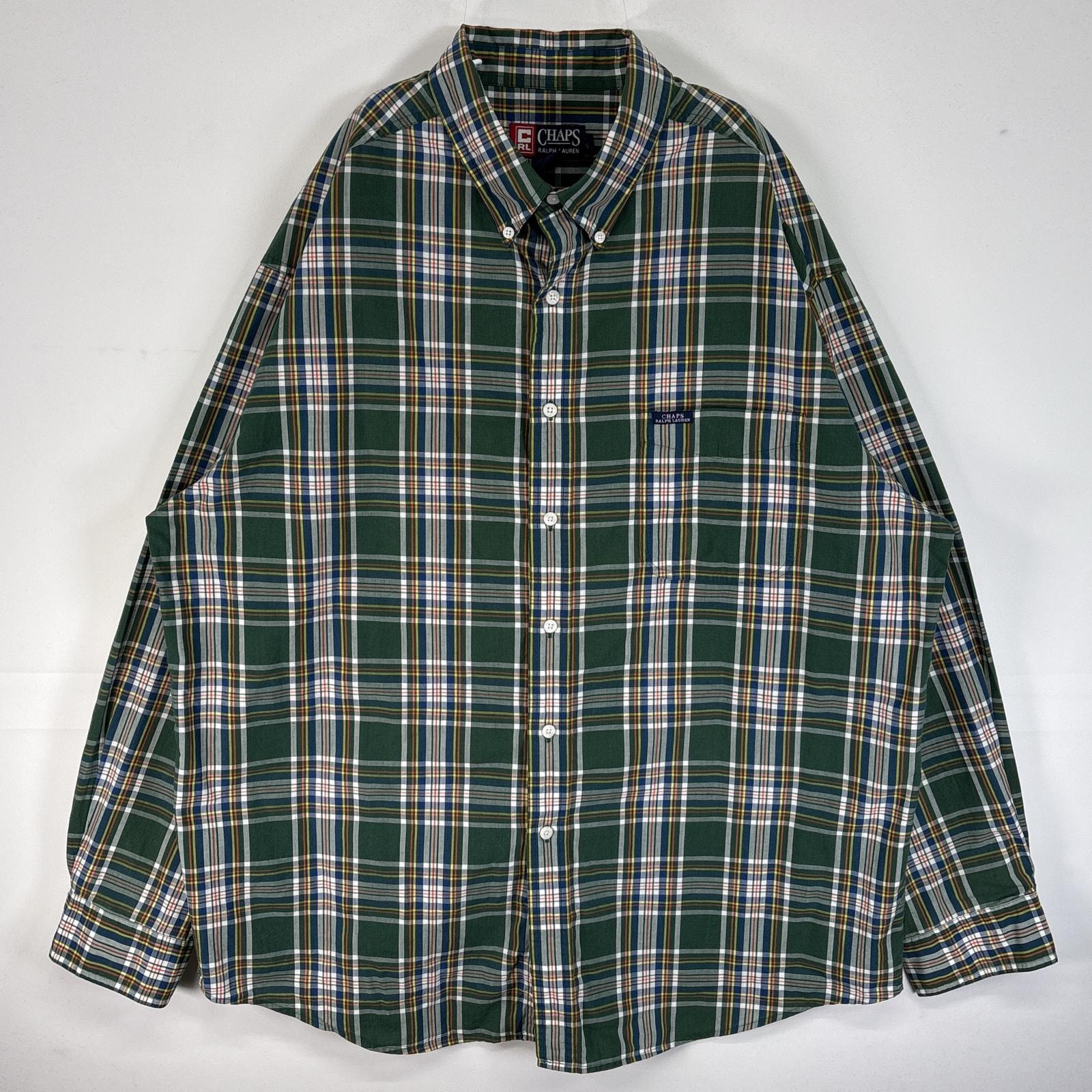 古着 90's/90年代 チャップスラルフローレン CHAPS RALPHLAUREN 長袖シャツ チェック ワンポイント ロゴ ボタンダウン 大きいサイズ 薄手 14041  グリーン マルチカラー メンズ