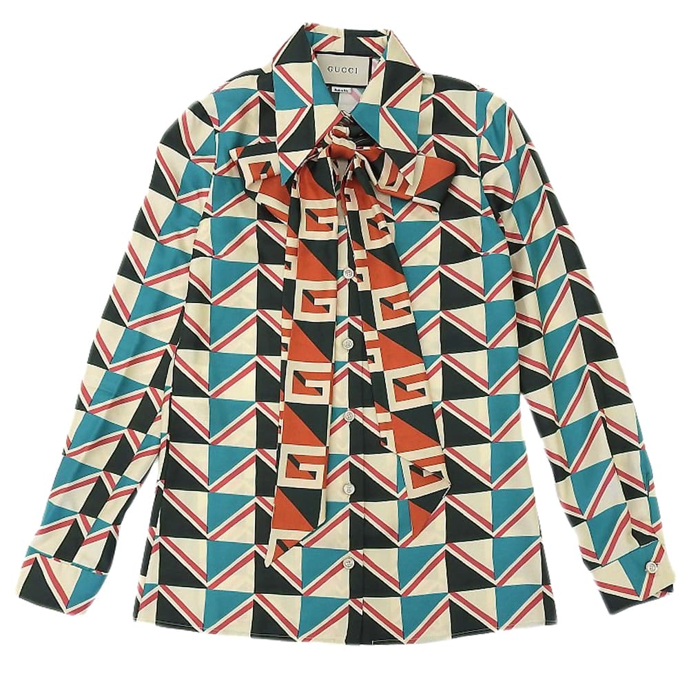 グッチ 美品 幾何学模様 ボウタイ シャツブラウス トップス レディース シルク100 マルチカラー 36 505339 17年 36