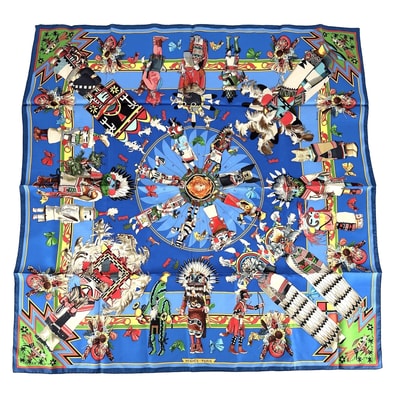HERMES エルメス スカーフ カレ90 Kachinas カチナ 民族 ファッションアイテム シルク ブルー 青 マルチカラー レディース【中古品】
