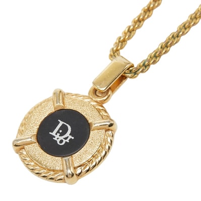 クリスチャンディオール ロゴ ペンダント ネックレス ゴールド ブラック メッキ レディース Christian Dior 【中古】