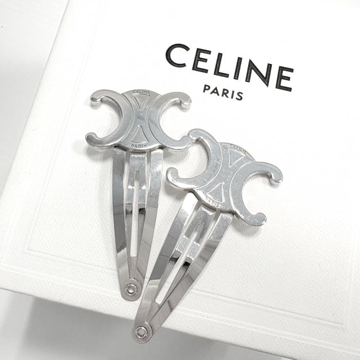 セリーヌ CELINE トリオンフ シルバー ヘアピン ヘアクリップ 2個セット 正規品 【鑑定済み】