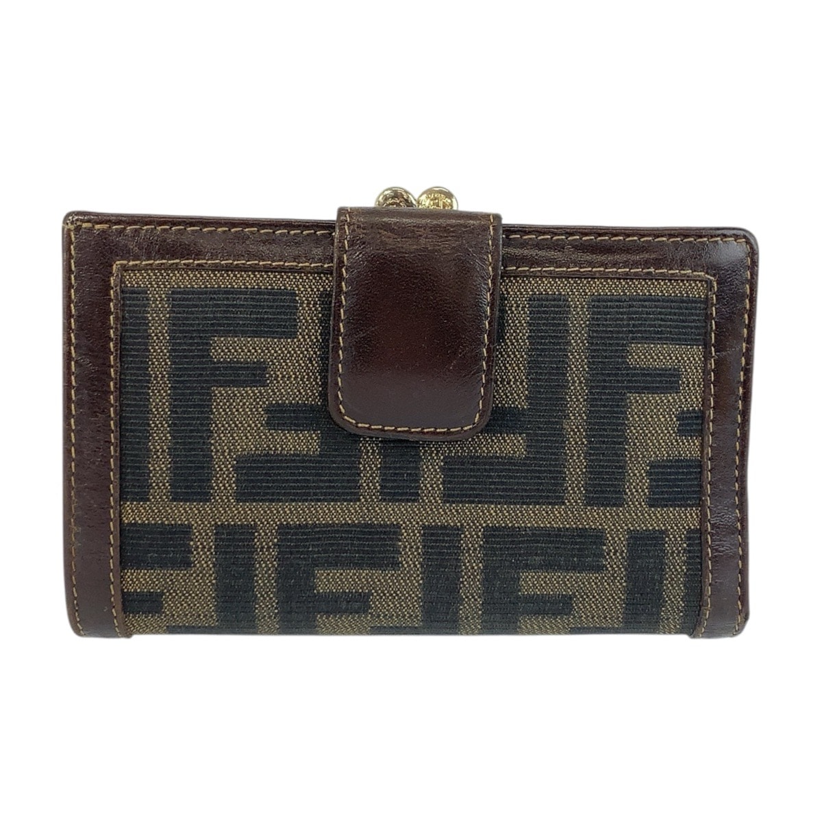 FENDI フェンディ ズッカ がま口 ブラウン ゴールド金具 キャンバス レザー/ 折り財布 コンパクトウォレット 600045 【中古】
