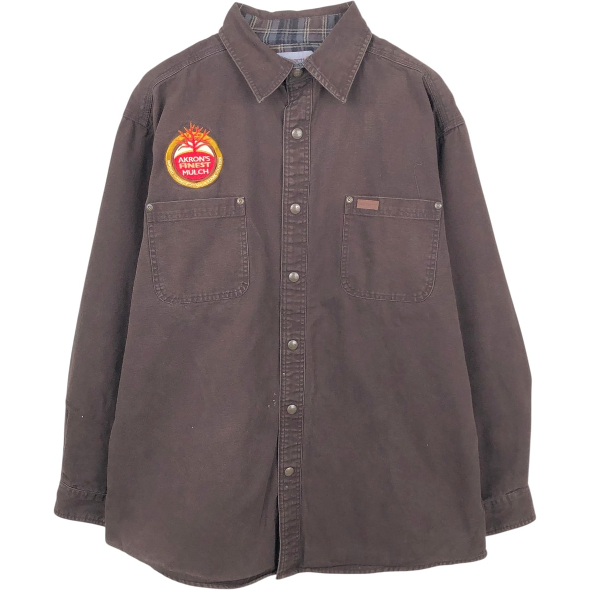 古着 カーハート Carhartt Akron's Finest Mulch アドバタイジング 長袖 ダックワークシャツ メンズXL相当/eaa673749