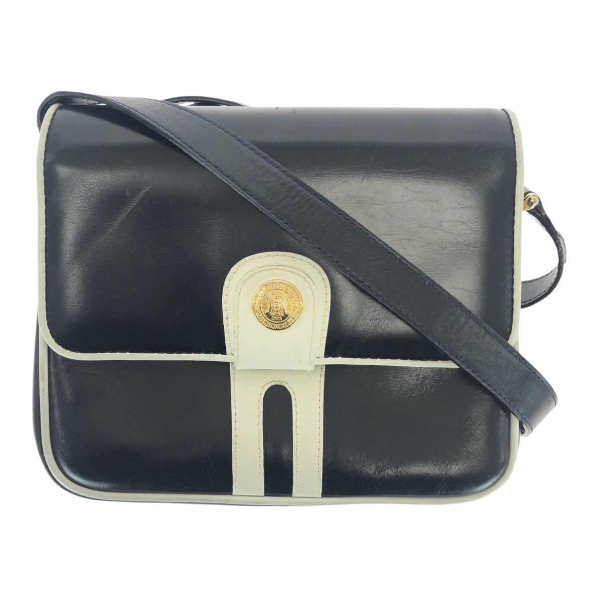 美品 CELINE セリーヌ ヴィンテージ ネイビー ホワイト ゴールド金具 レザー ショルダーバッグ ポシェット 603090 【中古】