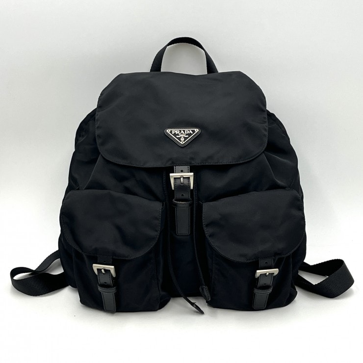 PRADA(プラダ)ナイロン バックパック リュックサック ブラック テスート レザー シルバー金具 レディース メンズ ユニセックス【中古】
