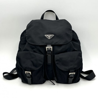 PRADA(プラダ)ナイロン バックパック リュックサック ブラック テスート レザー シルバー金具 レディース メンズ ユニセックス【中古】