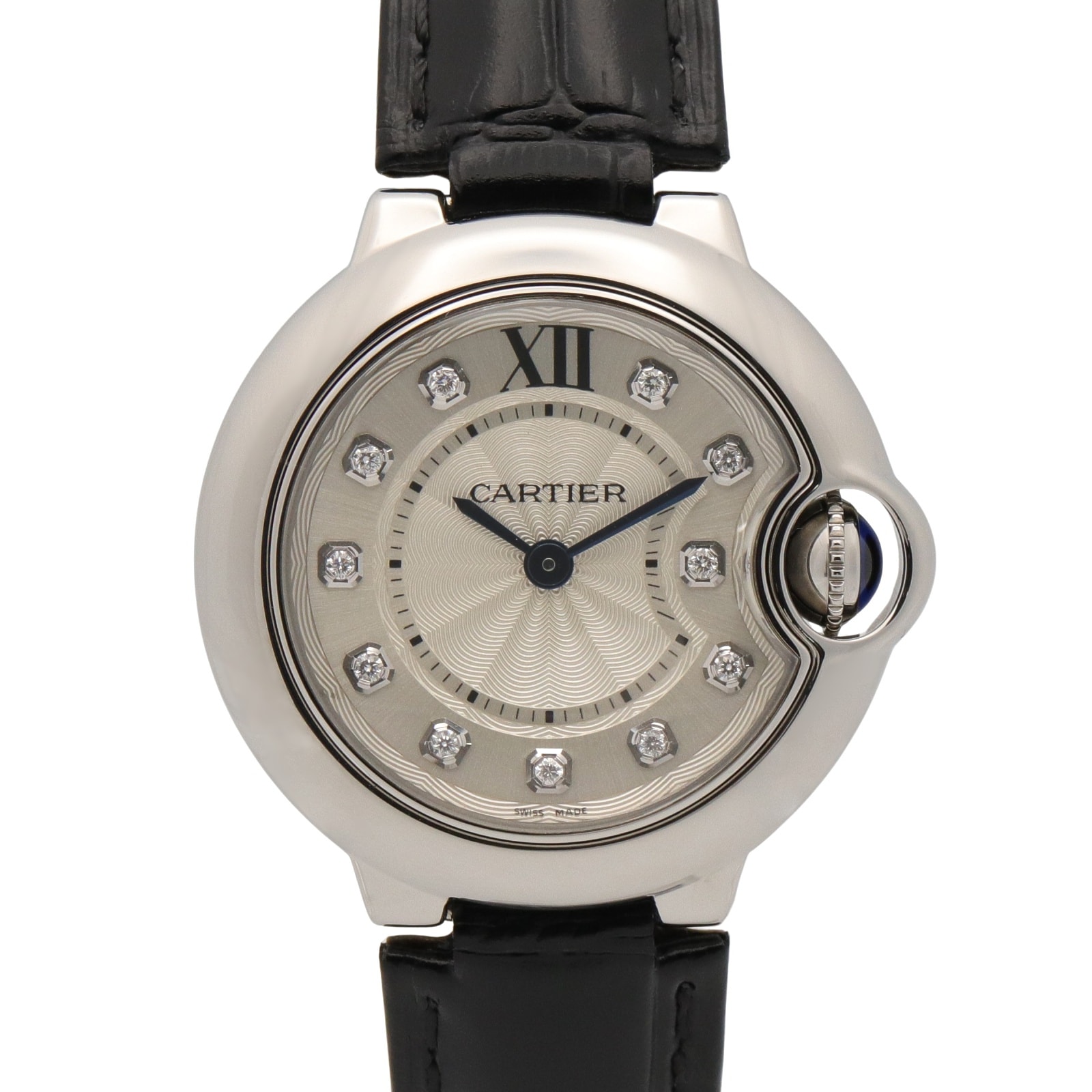 カルティエ CARTIER バロンブルー SM 11Pダイヤ 腕時計 時計 ステンレススチール ダイヤモンド クロコ革 レディース シルバー系 W4BB0008 【中古】