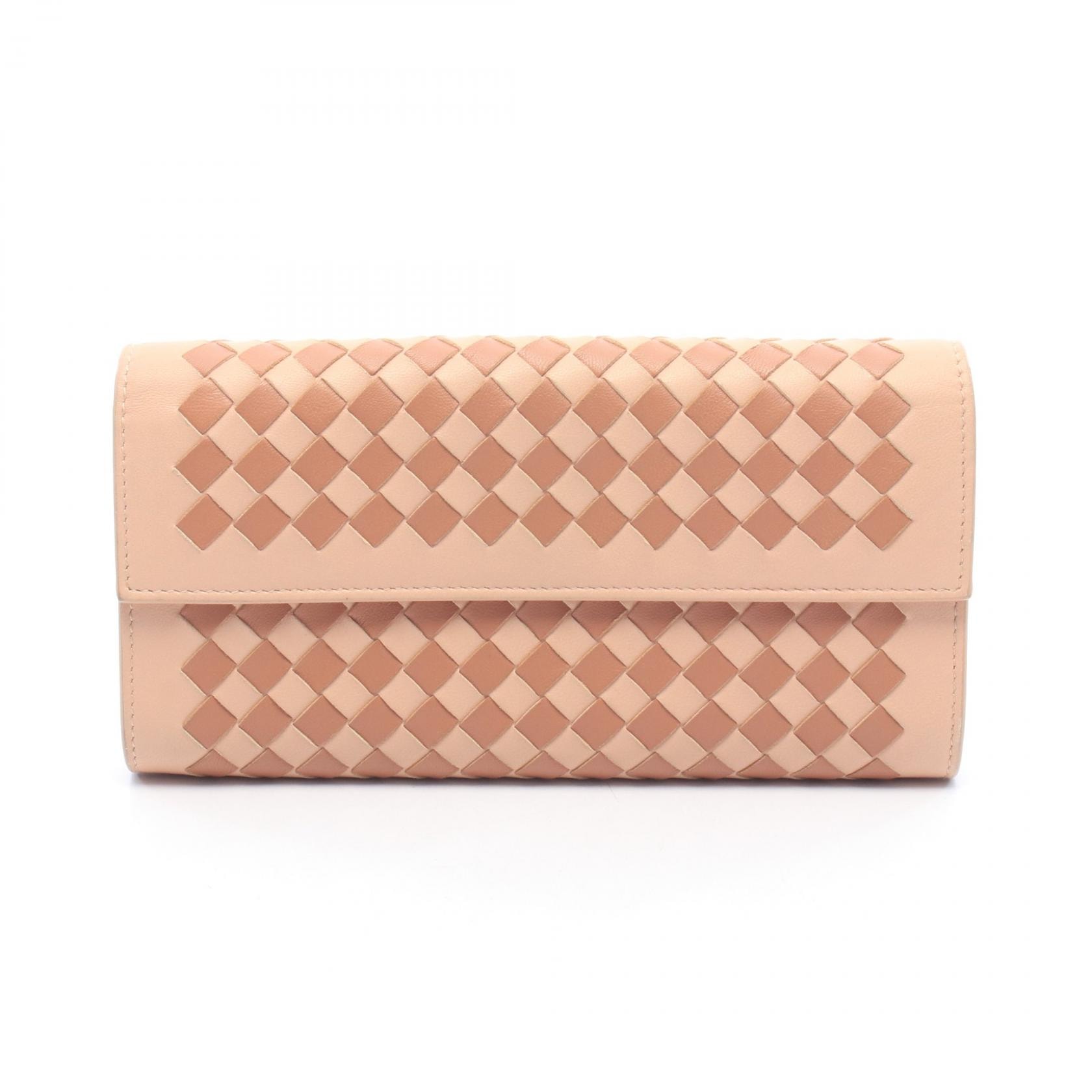 ボッテガヴェネタ BOTTEGA VENETA イントレチャート 二つ折り長財布 財布 レザー レディース ピンク系 / ブラウン系 【中古】