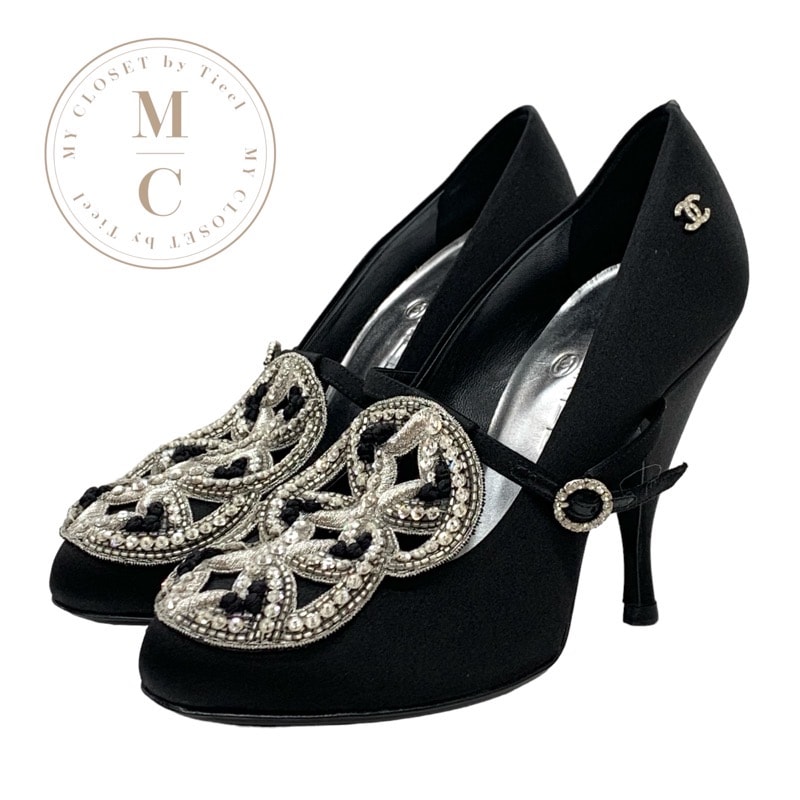 シャネル CHANEL パンプス 靴 シューズ サテン ブラック ココマーク ビーズ ラインストーン パーティーシューズ