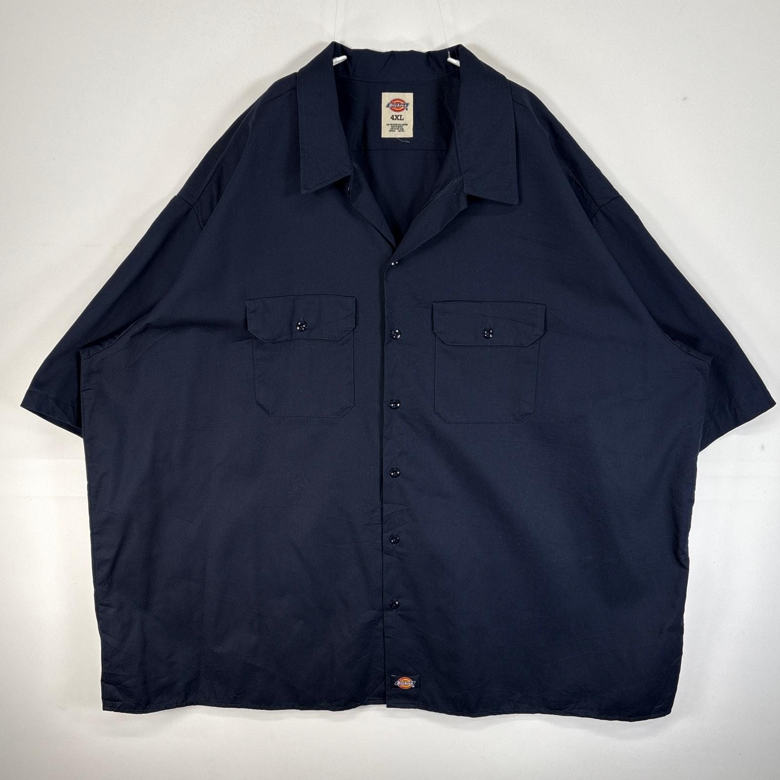 古着 ディッキーズ Dickies 半袖シャツ ワーク フラップポケ 作業着 大きいサイズ ワンポイント ロゴ 4XL  ネイビー 無地 メンズ
