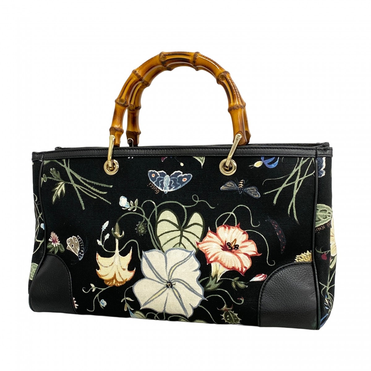 【6cd4913-k】グッチ ハンドバッグ バンブー 823660 キャンバス ブラック マルチカラー ゴールド金具【中古】レディース