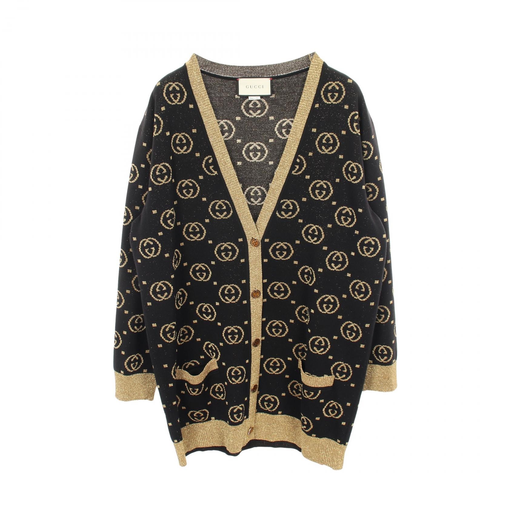 グッチ GUCCI インターロッキングG 総柄 カーディガン 衣料品 トップス ウール レディース ブラック系 / ゴールド系 【中古】