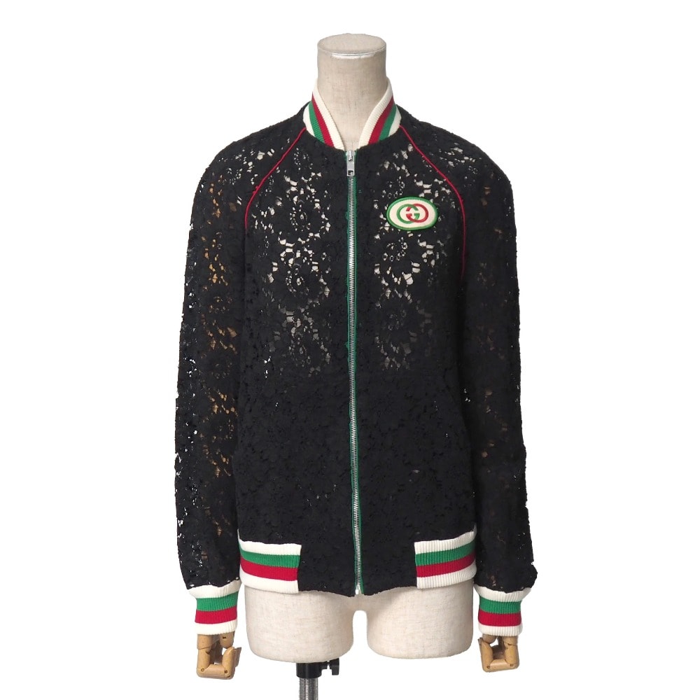 ■美品■GUCCI グッチ ウェブ ジャケット サイズ36 レース ジップアップ GGロゴ パッチ イタリア製 ブランド古着【中古】20260508/RA9313