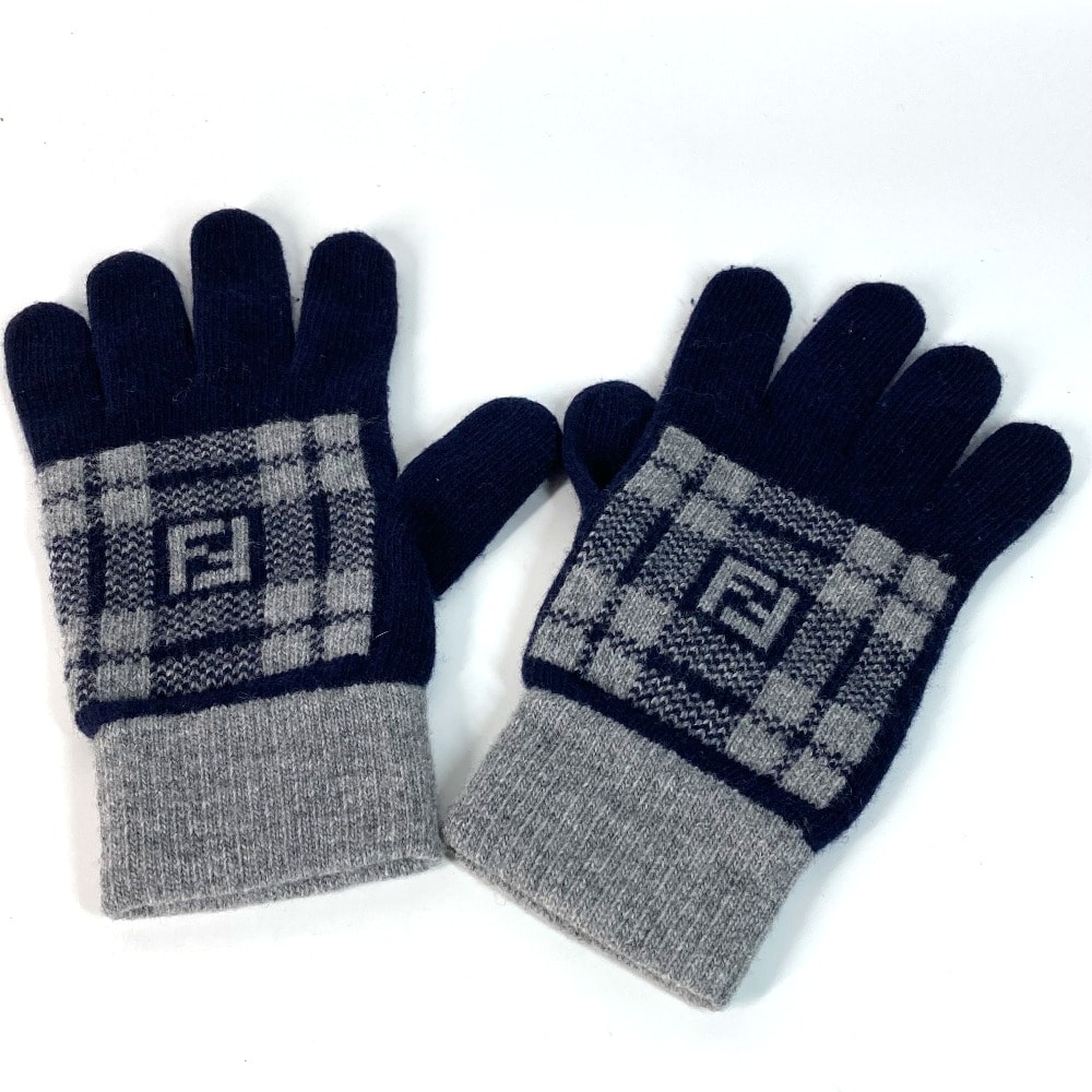 フェンディ FENDI ロゴ FXY010 チェック FF バイカラー グローブ 手袋 ウール ネイビー