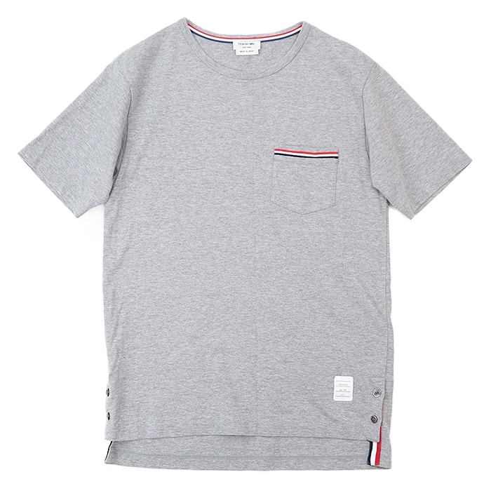 トムブラウン クルーネック ポケット ポケT サイドスリット トリコロールライン 半袖Tシャツ メンズ グレー L THOM BROWNE